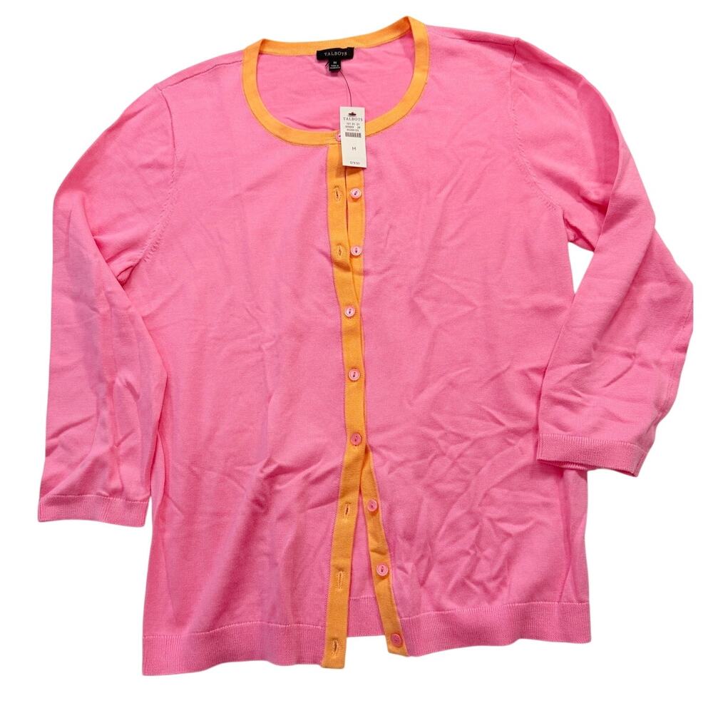 Talbots Pink Orange Cardigan Sweater Womens Medium NWT 3/4 Sleeve Lightweight - Picture 2 of 11